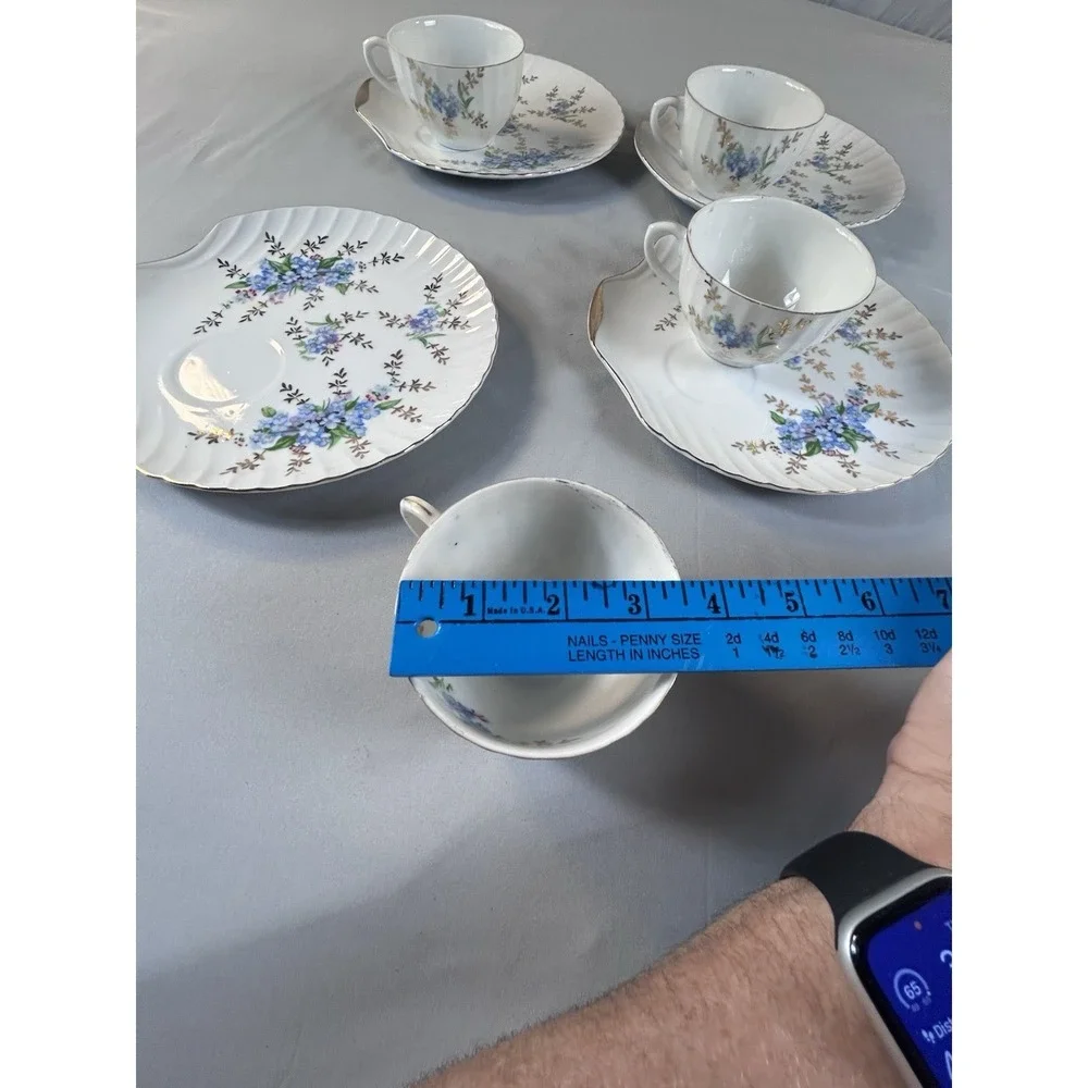 Vintage Japan Tea Cup Saucer Set 4 Blue Floral‎ Gold Trim Scalloped
